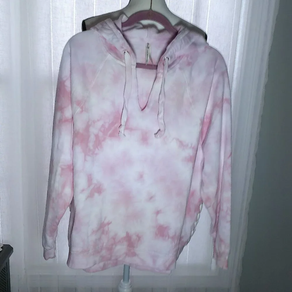SEVEN7 Long Sleeve Hooded Pink Tie Die Sweatshirt w/Braided Details on Sides XL